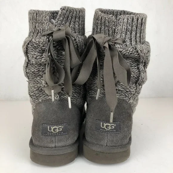 UGG Women's Size 9 Isla Grey Cable Knit Sweater Lace-Up Ankle Booties Boots - Picture 6 of 12